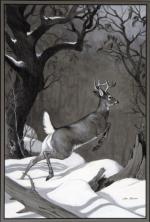 Product Description: Leaping Buck; Gone for the Day Series Framed or Unframed</br></br>This striking image first appeared in Ned Smith’s “Gone for the Day” column in the December 1967 issue of Pennsylvania Game News, and compliments a Ned’s recounting of how he harvested one of the nicest deer of his long hunting career. This print is the first in a new four-part, black-and-white print series and will make a great gift for any nature lover. The print will be released in an edition of 600 prints, the same edition size that Ned Smith used during his lifetime.</br></br>Frame Size: 16.5" x 22" Opening" 11x16</br> 712 Leaping Buck: GFTD Framed or Unframed