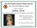 Product Description: Saw-Whet Owl Adoptions #5250</br></br>If you have a band # or a special name to be used on the certificate and would like us to use that, please place the order online and then email the Center with the band # and/or name of person at info@nedsmithcenter.org</br></br>Wild birds don’t make good pets – but now there’s a way you can “adopt” one of the East’s most intriguing owls, and help the Ned Smith Center’s research programs at the same time.</br></br>Each adoptive parent will receive a handsome certificate suitable for framing, with their name, a color photograph of their owl just before its release, its band number and other pertinent information such as age and sex. Enclosed will also be a fact sheet about saw-whet owls, and information about the on-going owl research at the Ned Smith Center.</br></br>Naturally, the adoption kits make great birthday and holiday gifts.</br>There are two levels of support. A standard adoption is $30, but for a contribution of $75, you can have the rare privilege of sponsoring what banders call a “foreign recovery,” the term for an owl that was originally banded at another location, often in a distant state, and recaptured by our banders. Ned Smith Center members are invited to deduct $5 from each adoption of either level.</br></br>You can also take satisfaction in knowing that your tax-deductible contribution will directly benefit the Ned Smith Center’s bird-banding programs. With your help, we’ll continue to explore the mysterious, nighttime world of the saw-whet owl for many years to come.</br> Saw-Whet Owl Adoptions