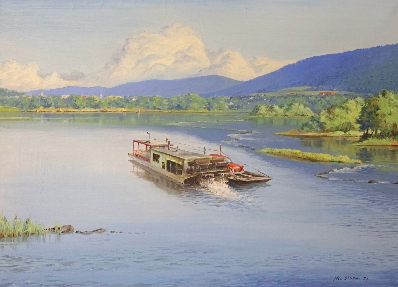 Product Description: PRE-ORDER: An original oil painting by Ned (1957). While one of Ned's most famous pieces depicts the Millersburg Ferry crossing the river, this work offers a different point of view, with the ferry returning to port. While the origins of this piece are not confirmed, it is believed to have been created for Harold Lenker, a good friend of Ned’s and of the Center. The small red car on the ferry boat is believed to be Harold’s, with Ned’s personal interpretation of his hometown in the background. The Center procured this piece from a gentleman who purchased the painting at the Lenker estate sale in the early 2000s.</br></br>This print is available for pre-order, with a limited run of 300. The pre-order period will run until early May, and pickup or shipping of the print can be expected by the beginning of July. LIMIT 5 PRINTS PER PERSON.</br> PRE-ORDER Ferry Boat Print